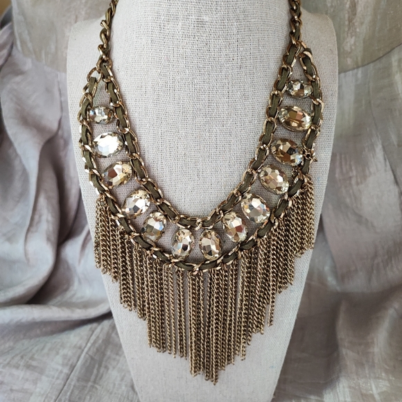 ALDO Brand Antique Brass Chain Topaz Faceted Oval Stones Olive Suede Necklace - Picture 1 of 9